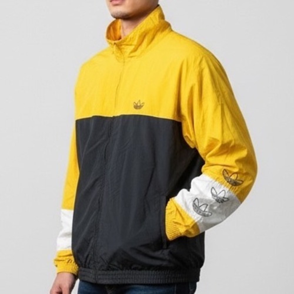 Adidas Trefoil Mens Large Yellow‎ Blk Colorblock Windbreaker Jacket retro -spots